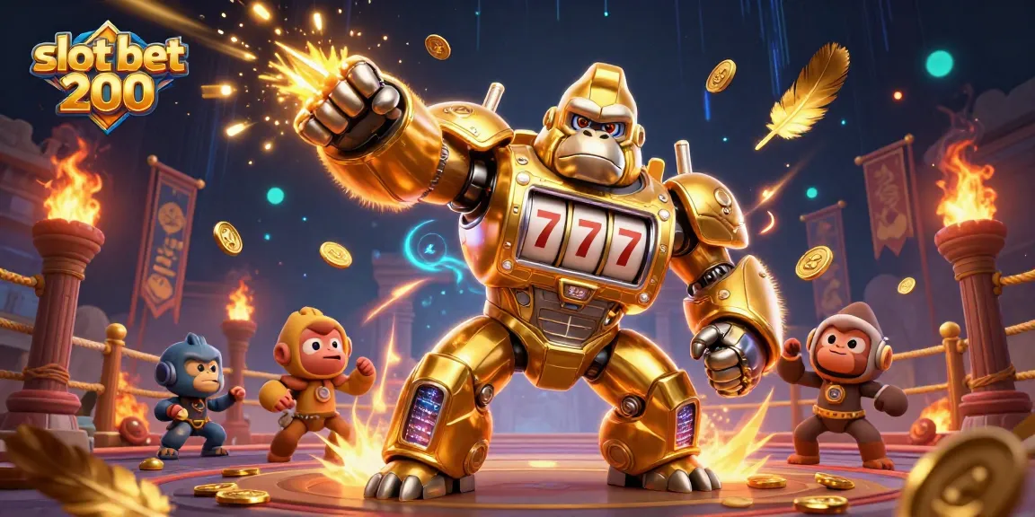 Engage with the thrilling slot bet 200 scene featuring a mech and dynamic casino elements.