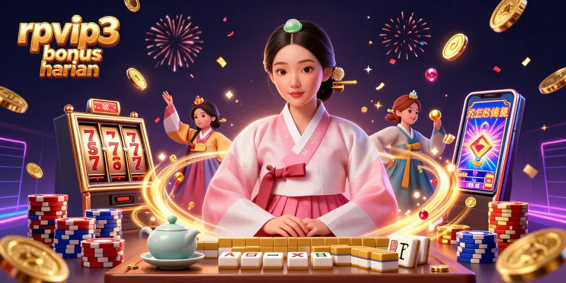 Engage with the rpvip3 bonus harian in a vibrant illustration of an Asian woman amidst colorful gambling elements.