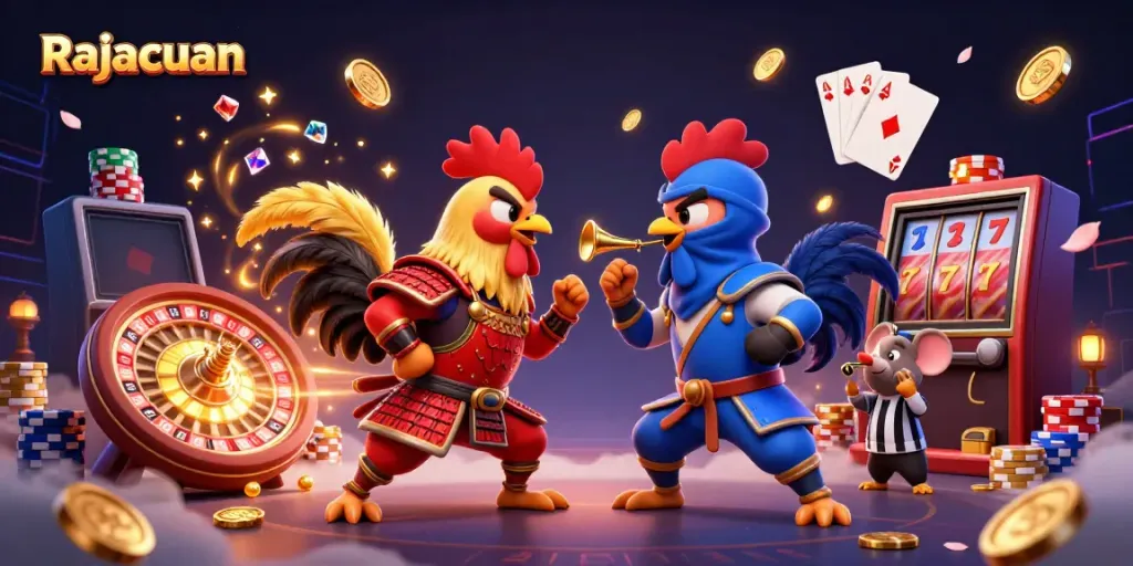 Rajacuan menghadirkan pertarungan seru antara ayam jantan bersamurai dan ninja dalam ilustrasi 3D yang menakjubkan.