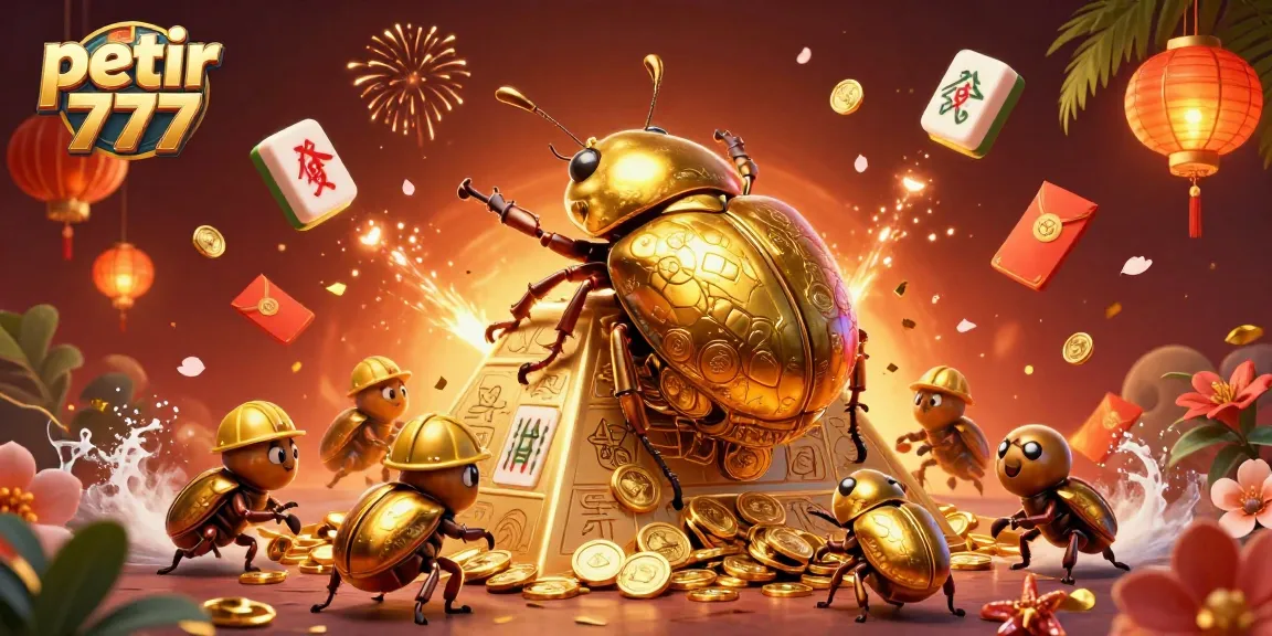 Experience the thrill of petir 777 gaming with a vibrant illustration featuring golden beetles and floating casino elements.