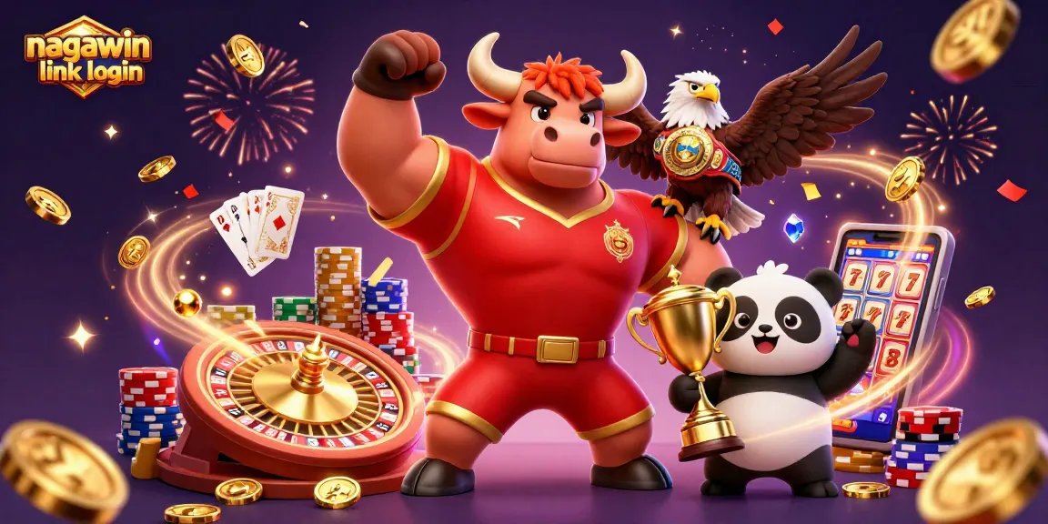 Win big with the nagawin link login, showcasing a dynamic casino scene featuring iconic characters and gambling elements.