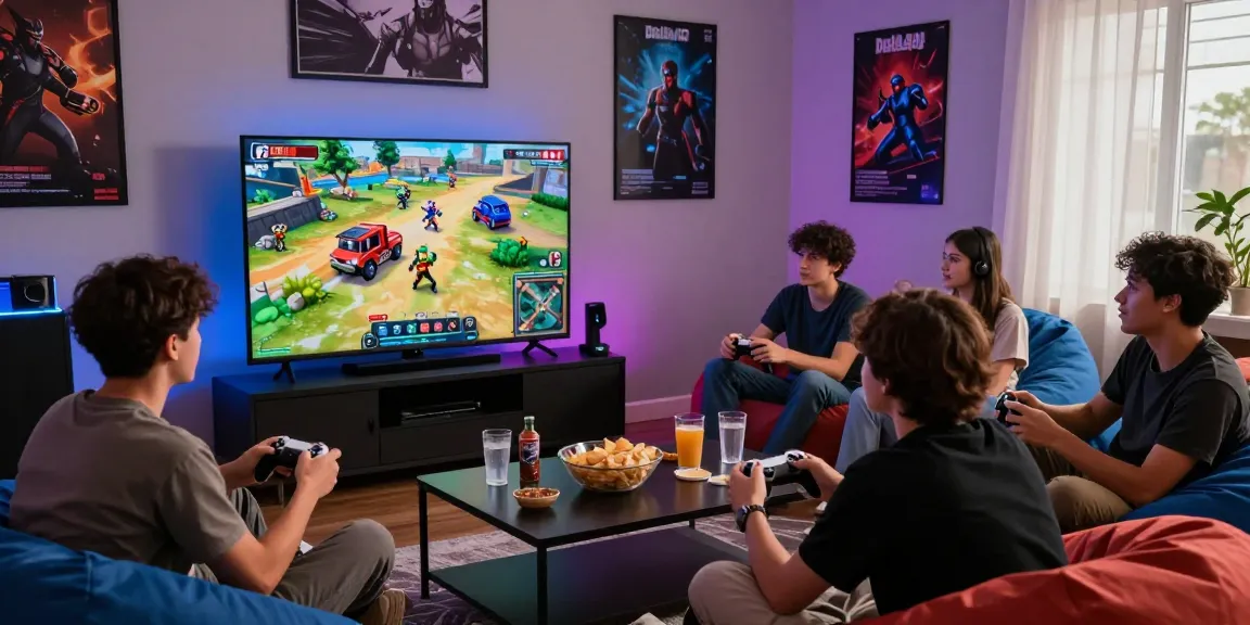 Exciting Dollar4D gaming night with friends around a TV and snacks.