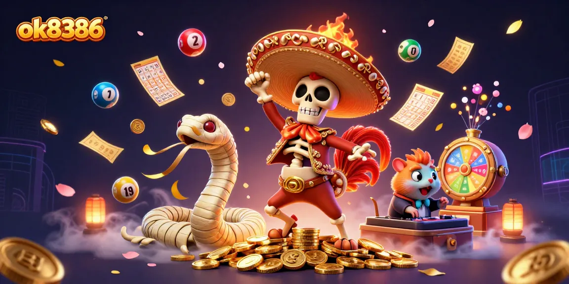 Play and win with ok8386 in this vibrant casino scene featuring animated characters and dynamic gaming elements.
