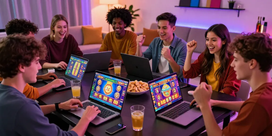Teman-teman bermain slot online di ruang tamu yang ceria dan nyaman, meningkatkan suasana permainan.