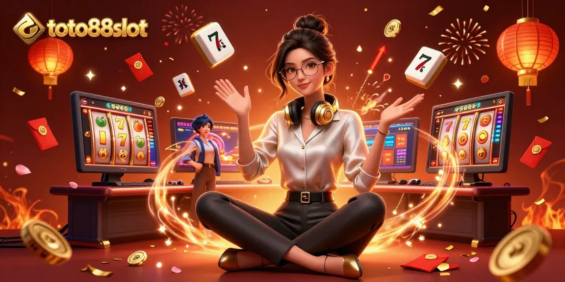 Immerse in the excitement of toto88slot with a dynamic illustration showcasing vibrant casino elements and a professional gamer in action.