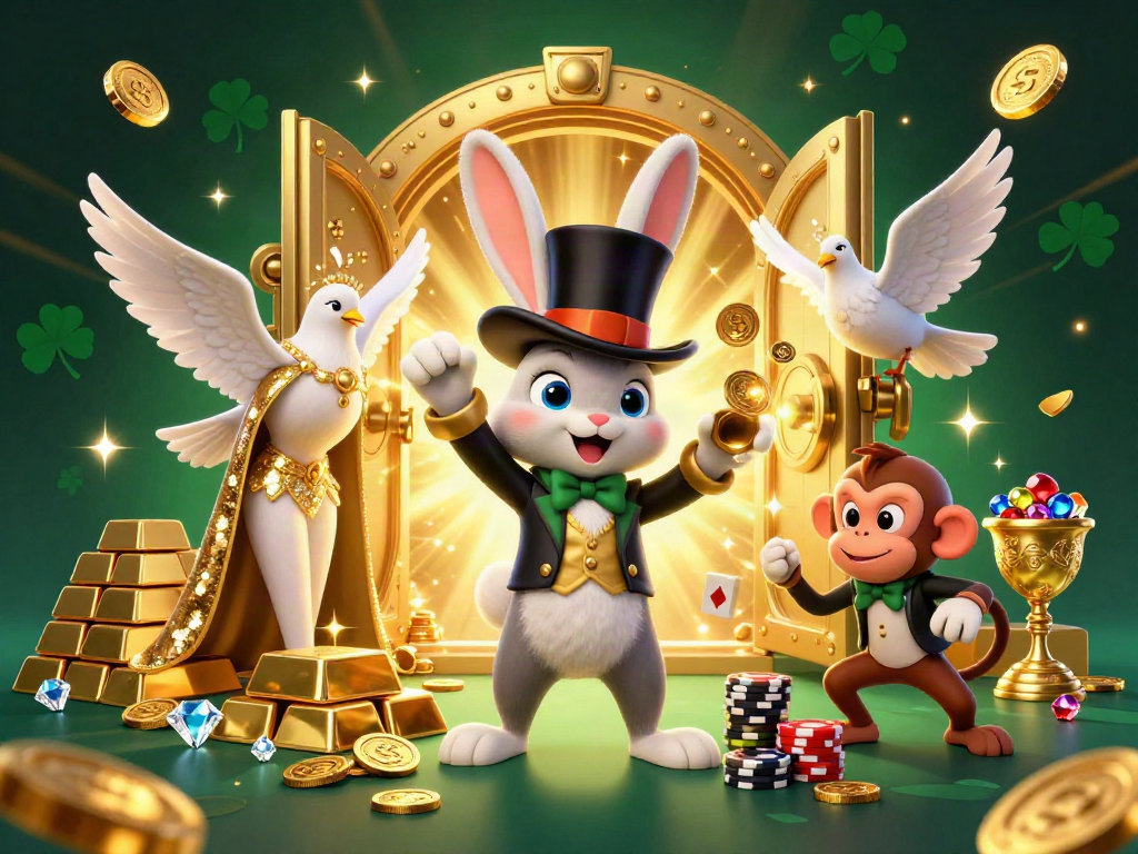 Experience the thrill of daftar jambitoto with this vibrant and dynamic 3D casino illustration showcasing a magician, glamorous dove, and pickpocket monkey.