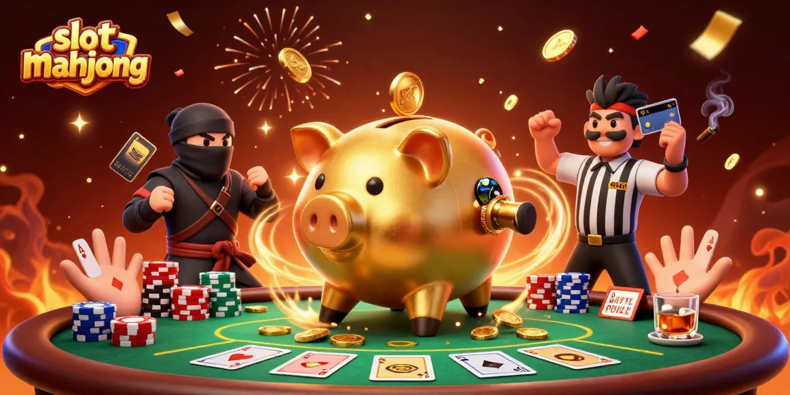 Experience the thrill of slot mahjong with engaging characters and vibrant casino elements in this dynamic 3D illustration.