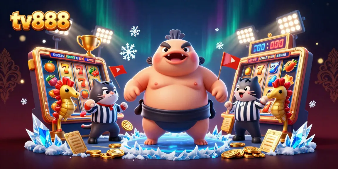 Experience thrilling games at tv888 with a lively underwater scene of a fugu referee and slot elements.