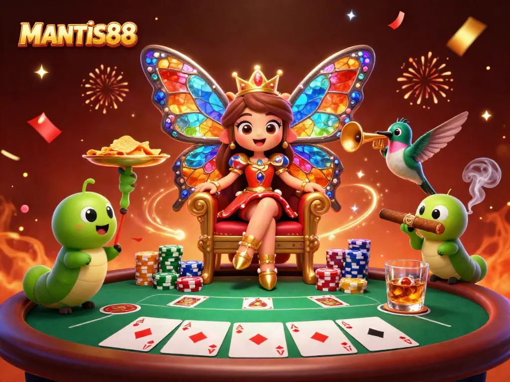 Join the exciting world of MANTIS88, where a butterfly queen rules the casino with vibrant games and chips!
