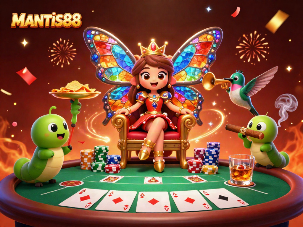 Join the exciting world of MANTIS88, where a butterfly queen rules the casino with vibrant games and chips!