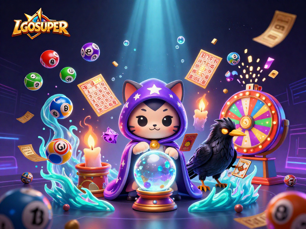 Play exciting slots at LGOSUPER with vibrant lottery elements and fortune-telling visuals.