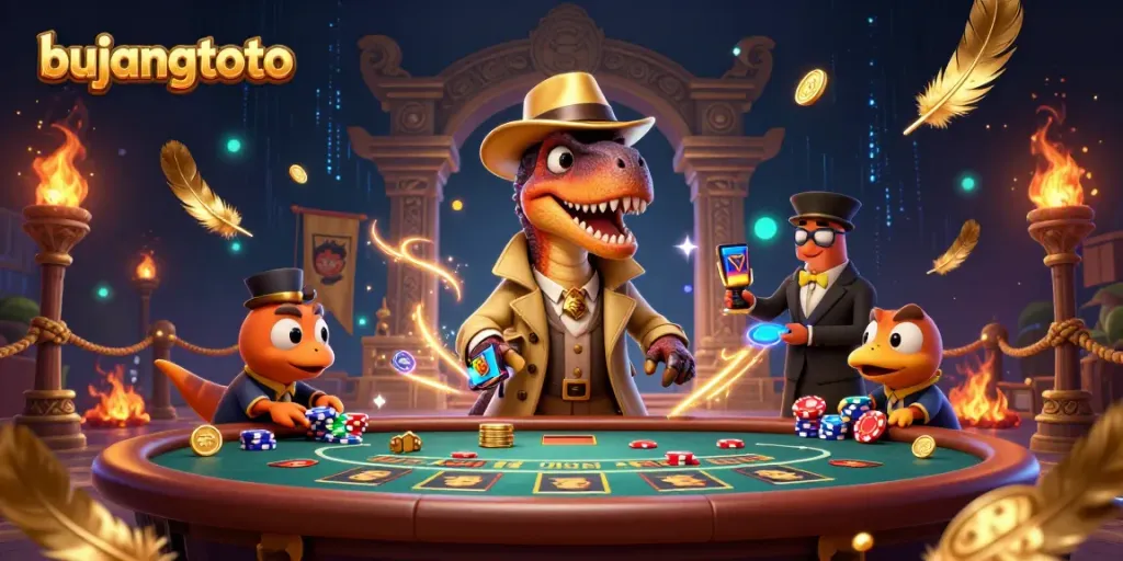 Experience thrilling bujangtoto action with a cartoon velociraptor at a blackjack table.