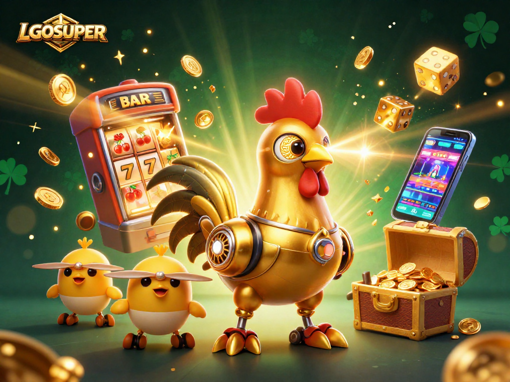 Engage with LGOSUPER's exhilarating fish shooting game featuring a golden robot amidst vibrant casino elements.