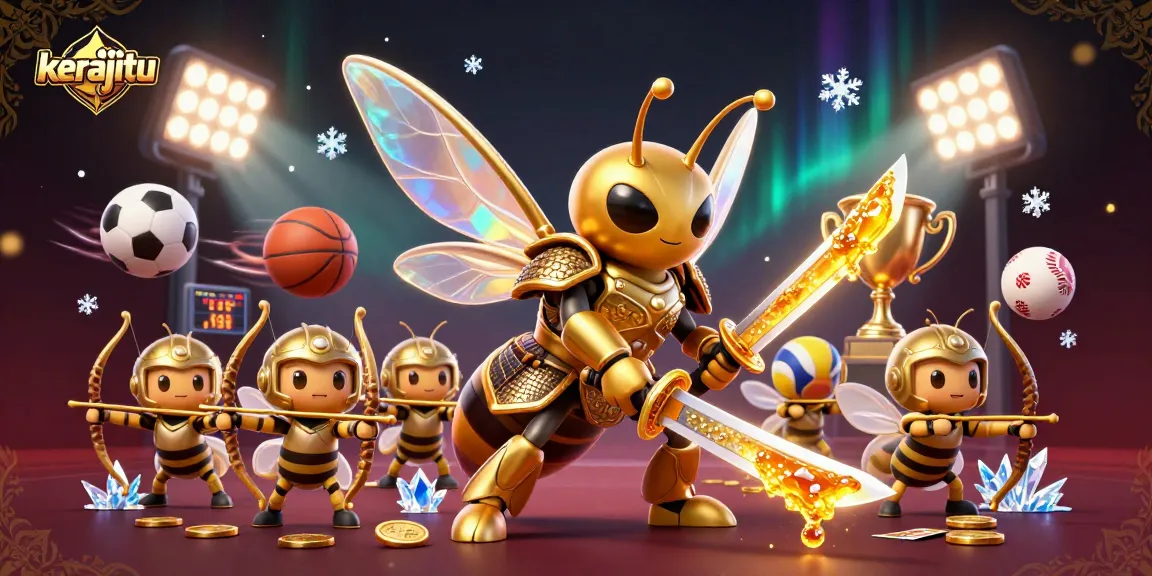 Engage with kerajitu's dynamic gameplay, featuring a golden samurai hornet amidst flying sports balls and vibrant casino elements.