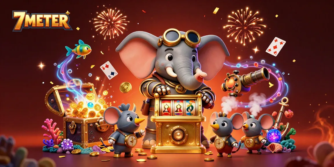 Experience thrilling slots with 7METER's vibrant 3D illustration of a steampunk elephant and gold!