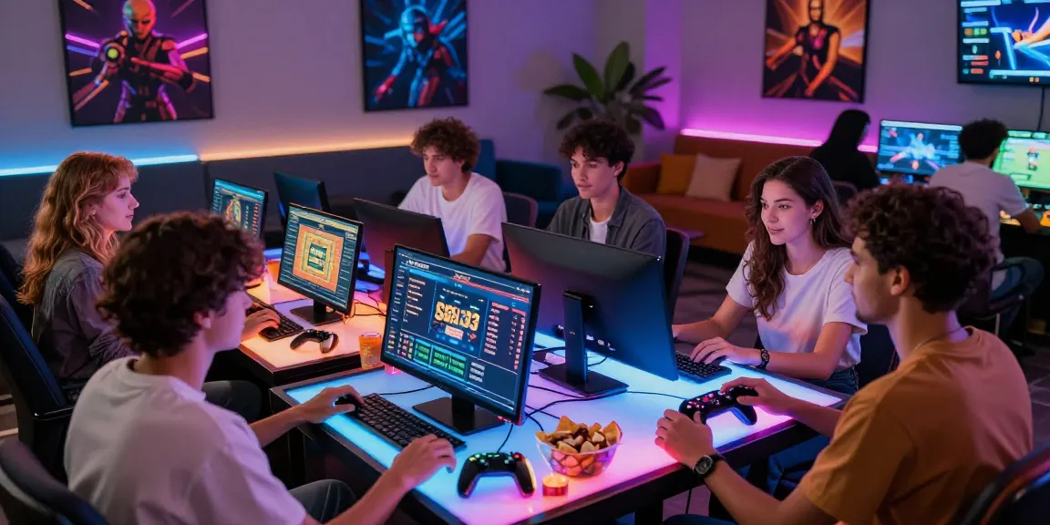 Menampilkan suasana permainan digital Sga33 dengan pemain yang bersenang-senang di kasino modern.