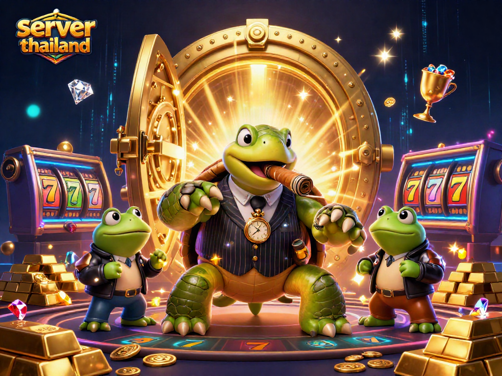Engage with thrilling slots at server thailand, featuring a dynamic 3D cartoon scene with animated casino elements.