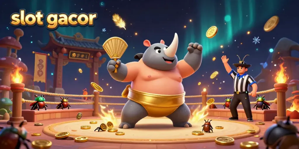 Mendapatkan kemenangan di permainan slot gacor dengan ratusan koin berkilau terbang dan penggemar mendukung di arena pertarungan