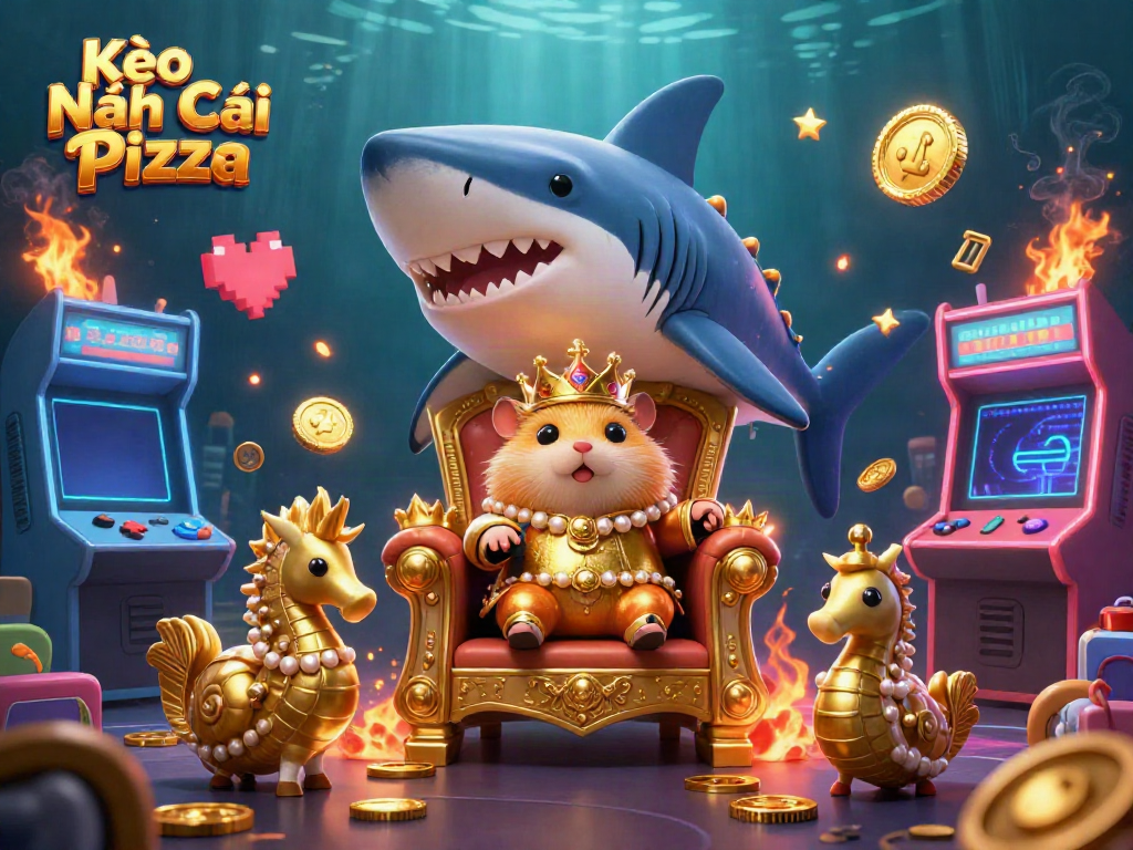 Engage with Kèo Nhà Cái Pizza through an energetic 3D illustration of a golden hamster king amidst vibrant gaming elements.