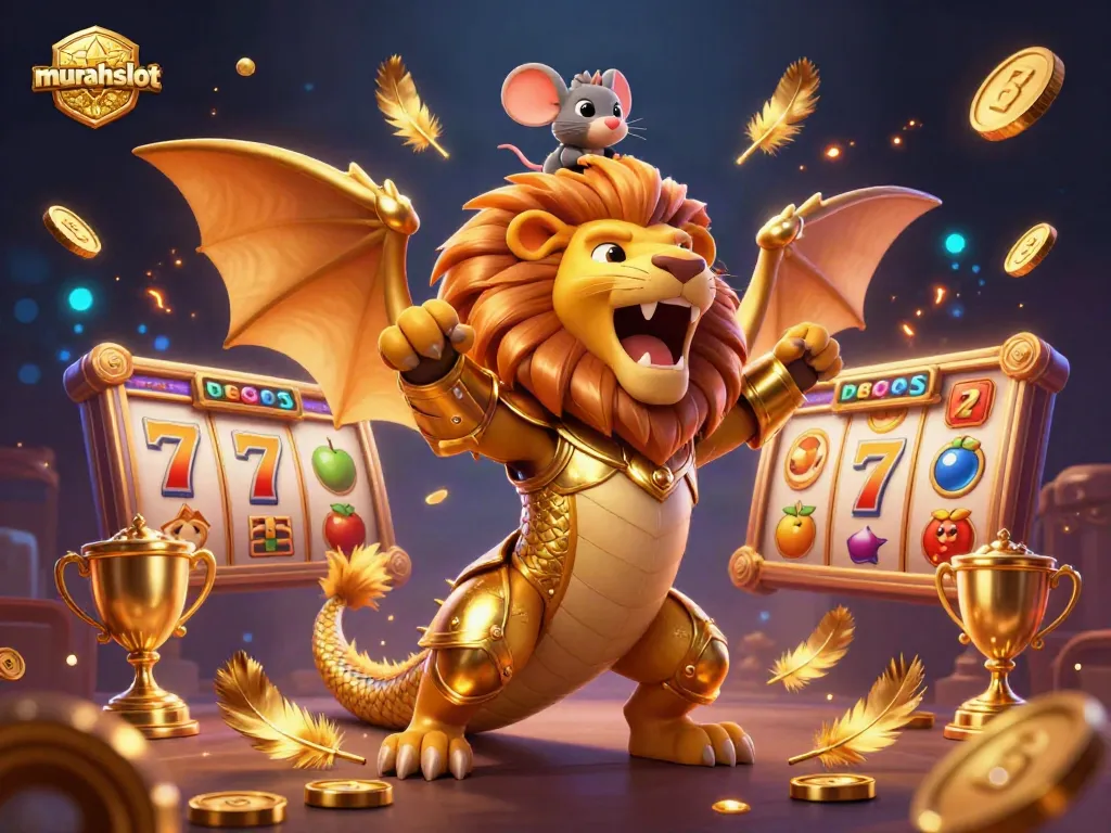 Experience the thrill of murahslot with a golden chimera and vibrant slot symbols in this stunning 3D illustration.