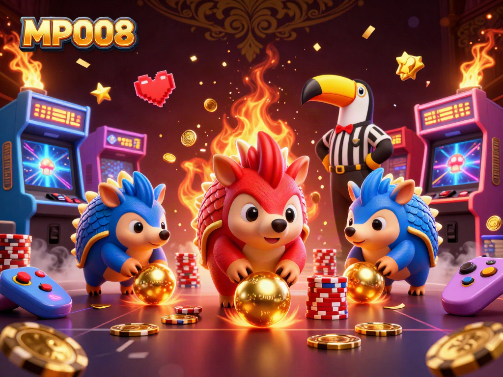 MPO08 pangolins bowling poker chips in a colorful 3D casino scene with vibrant gaming elements.