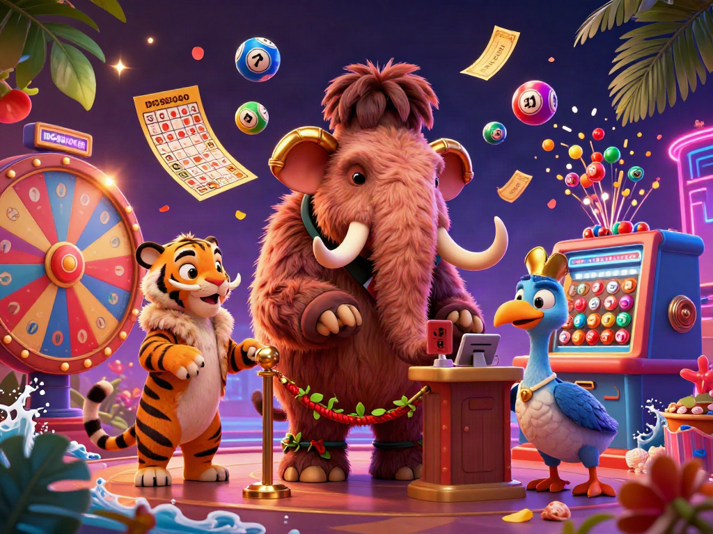 Engage with IDC88JOKER's vibrant casino scene featuring a woolly mammoth bouncer, saber-tooth guest, and dodo doorman.