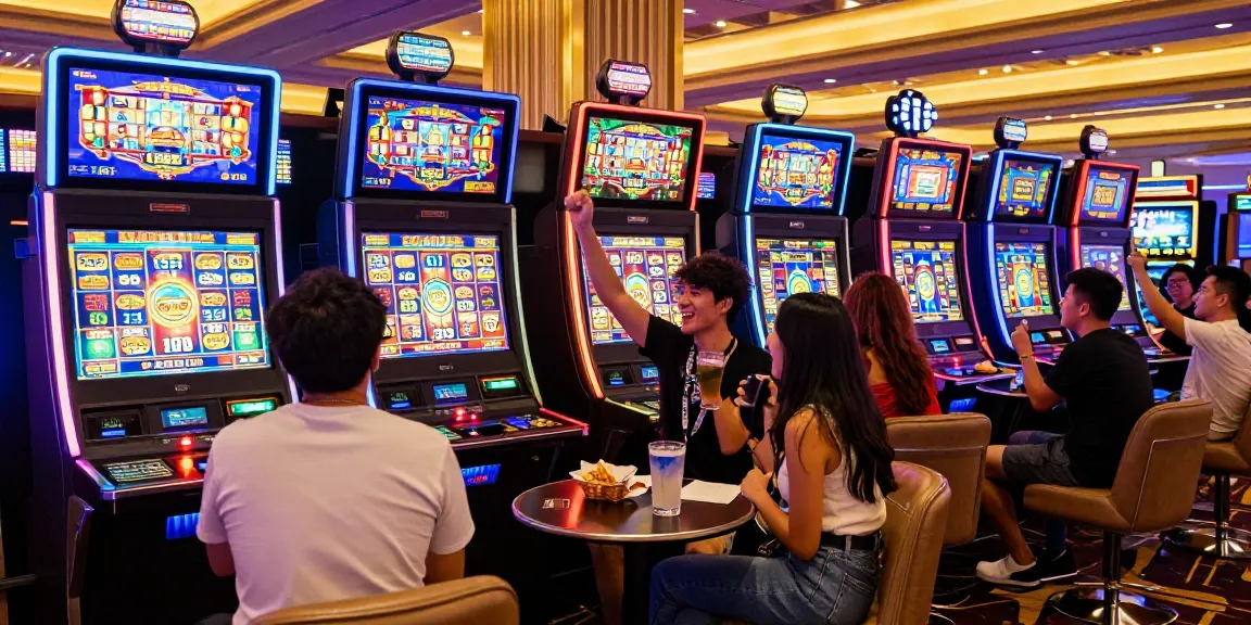 Slot Thailand: Pemain bersenang-senang di mesin slot dengan suasana kasino yang meriah.