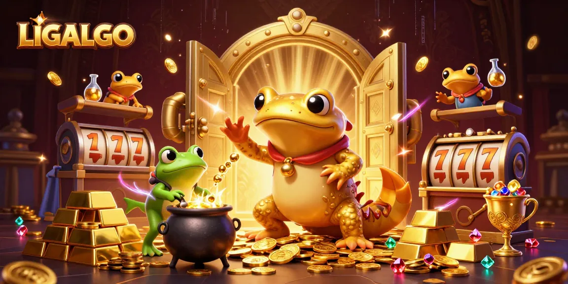 LIGALGO features a dynamic scene with a golden salamander and alchemist surrounded by vibrant slot reels and dazzling treasures.