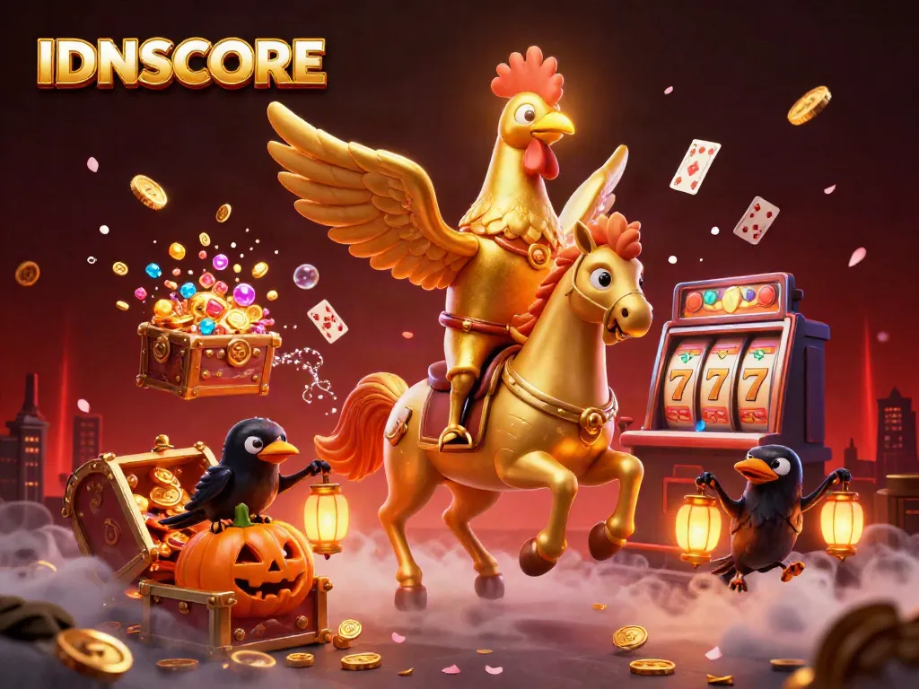 Experience IDNSCORE with a golden rooster riding through a vibrant midnight casino filled with riches.