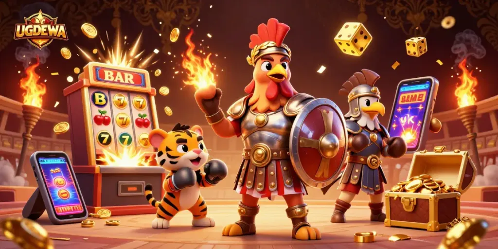 Engage with UGDEWA's thrilling gaming world featuring vibrant characters and dynamic casino themes.