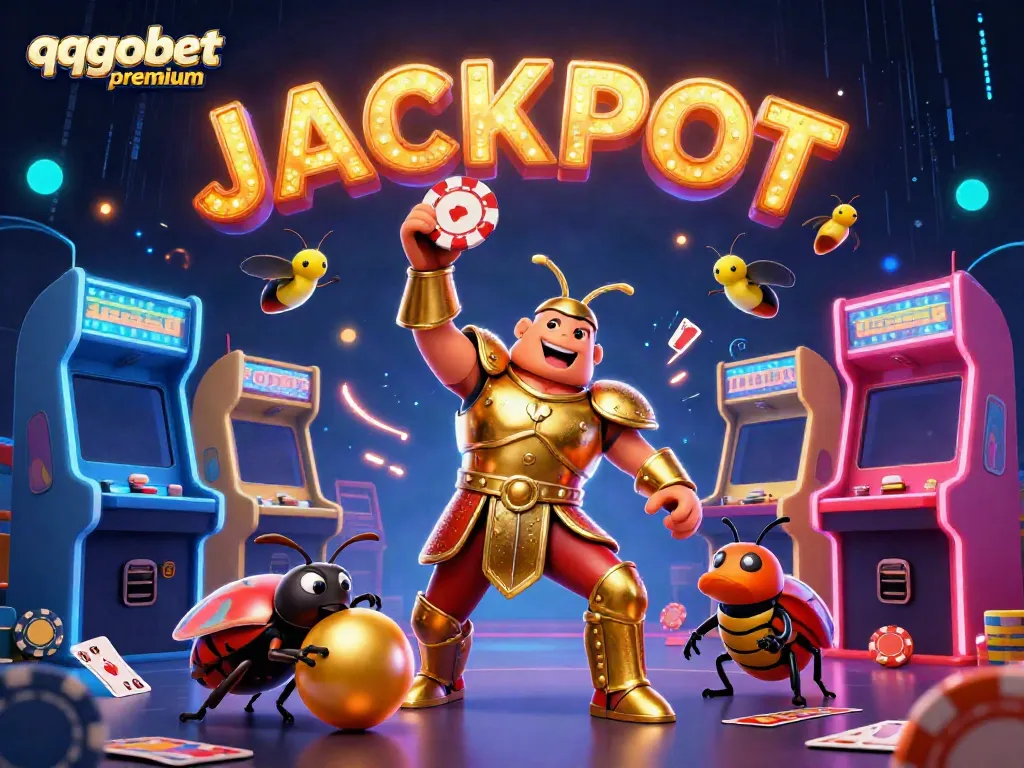 Experience the excitement of QQGOBET with a triumphant golden-armored beetle and dynamic casino elements in a lively scene.