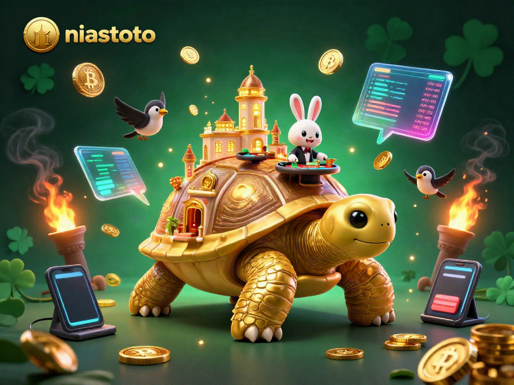 Engage with niastoto's vibrant 3D casino illustration showcasing a majestic golden tortoise hosting games.