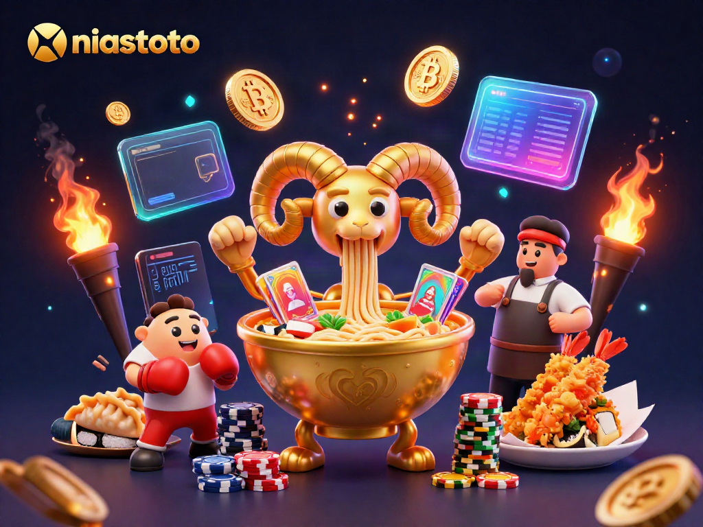 Engage with a vibrant niastoto gaming scene featuring a golden ramen bowl character, cards, and crypto coins.