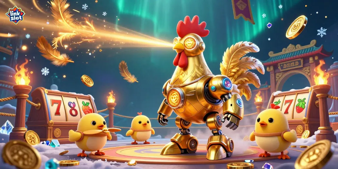 Engage with thrilling link slot action featuring a golden rooster robot and baby chick drones in a vibrant casino setting.