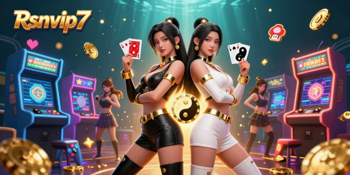 Rasakan pengalaman bermain yang mendebarkan dengan Rsnvip7: dua wanita Asia menunjukkan elemen kasino yang cerah.