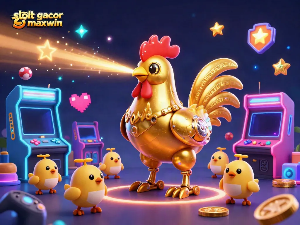 Engage with slot gacor maxwin as a colorful golden rooster robot and baby chick drones fill the arcade.