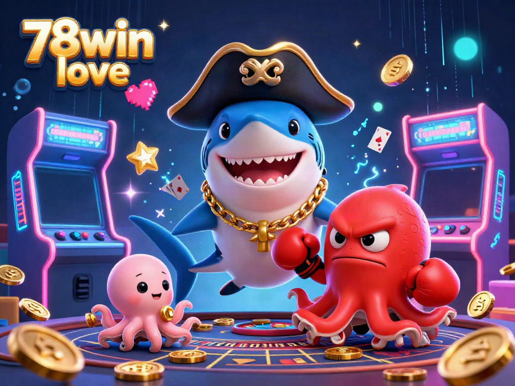 Engage with the vibrant scene of 78win love featuring a colorful trio of a pirate shark, a boxing pufferfish, and an octopus holding coins amidst a casino backdrop.