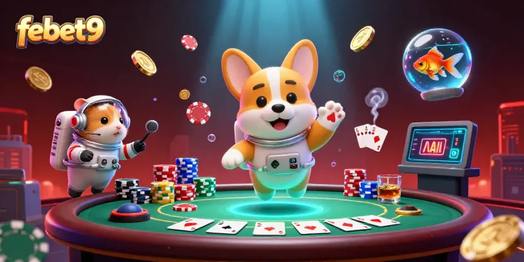 Exciting febet9 casino scene with a cartoon corgi, hamster, and goldfish playing poker in a dynamic space station