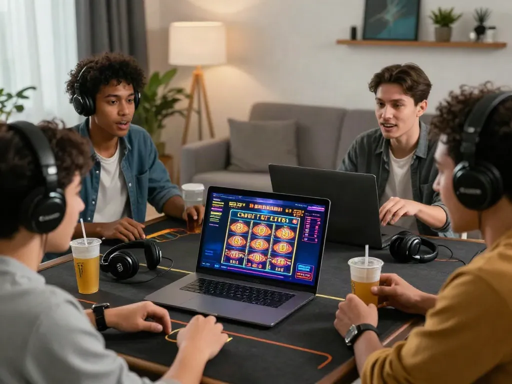 Friends enjoying a live casino experience while playing slot88 on a laptop in a stylish living room.