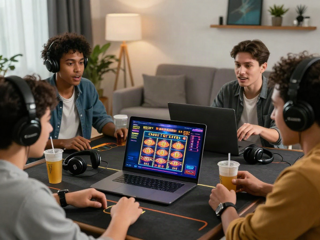 Friends enjoying a live casino experience while playing slot88 on a laptop in a stylish living room.