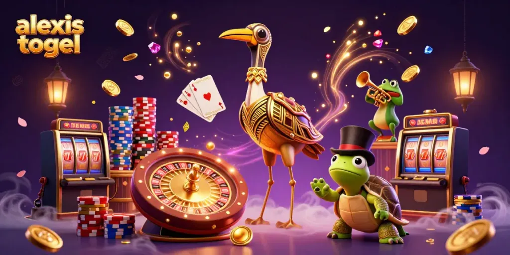 Permainan alexis togel dengan karakter kartun dan elemen kasino yang menarik.