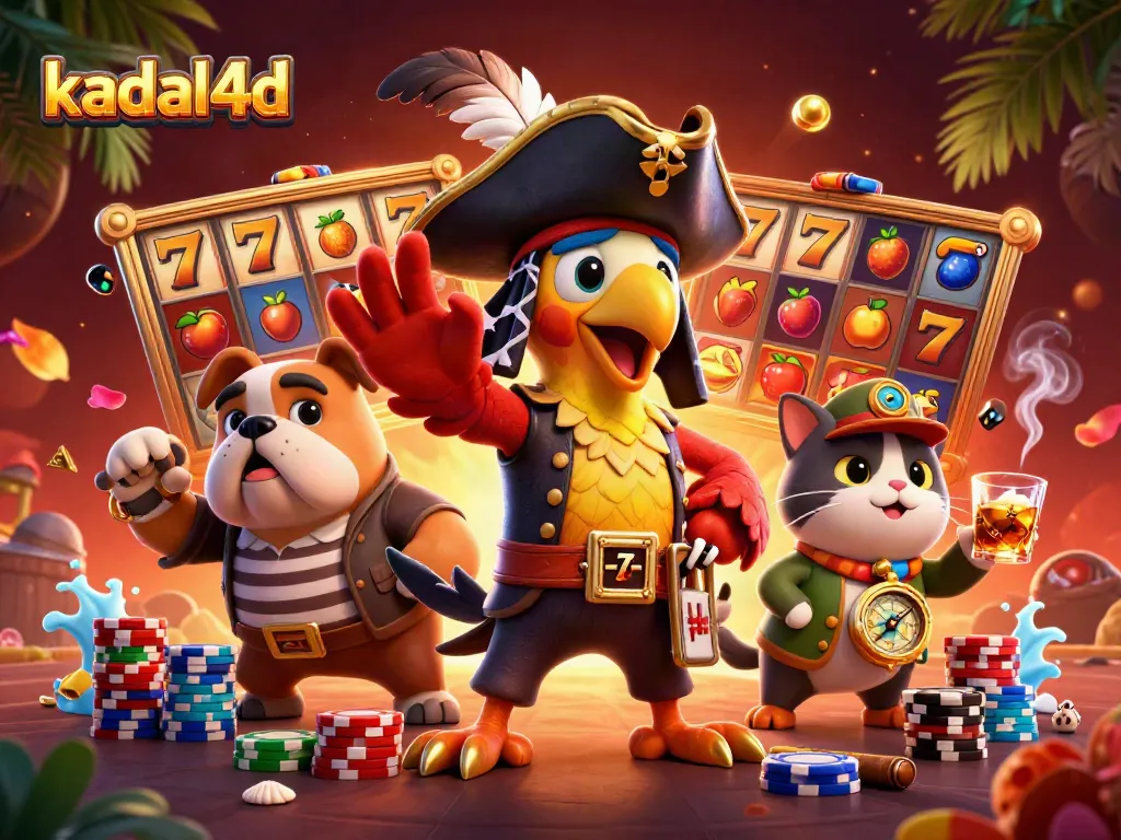 Experience thrilling wins with kadal4d in this vibrant slot casino illustration featuring engaging characters and game elements.