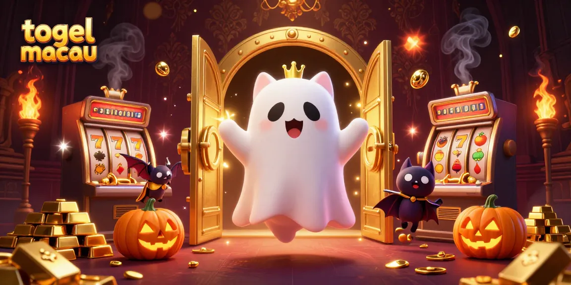 Play togel macau with vibrant 3D ghost cat and vampire bat in a haunted casino setting.