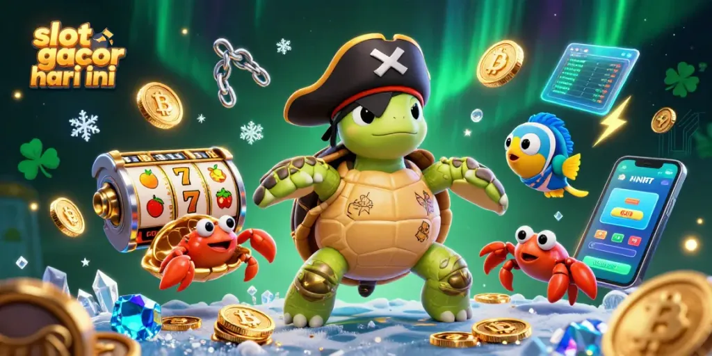 Slot gacor hari ini menampilkan ilustrasi 3D kartun penuh warna dengan karakter unik dan elemen permainan kasino.