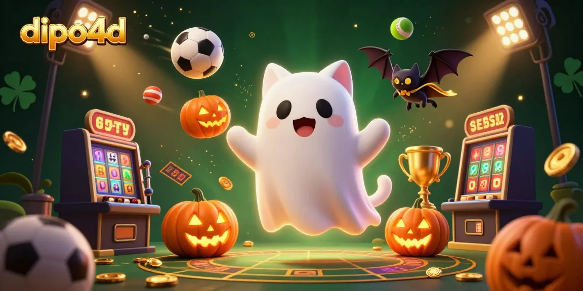 Bet on dipo4d and enjoy a vibrant 3D illustration of a ghost cat in a haunted casino.
