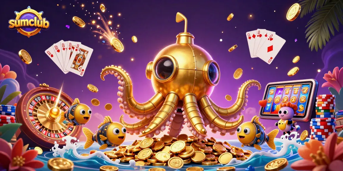 Engage in thrilling casino action at sumclub with golden coins, roulette wheels, and vibrant gaming elements.