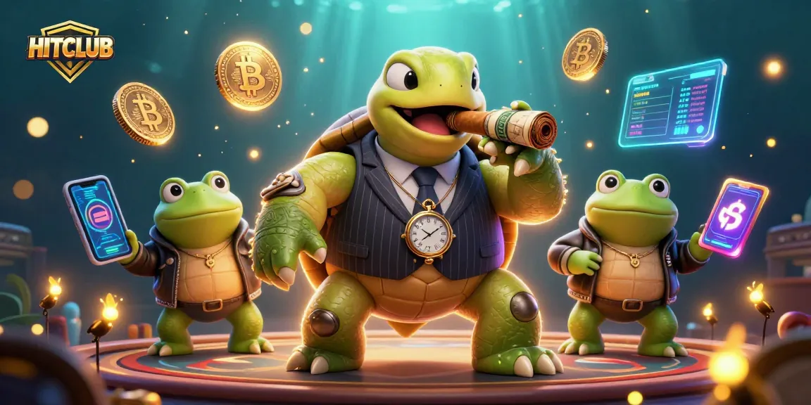 Engage with HITCLUB's thrilling gaming experience, featuring vibrant cartoon characters in a dynamic casino scene.