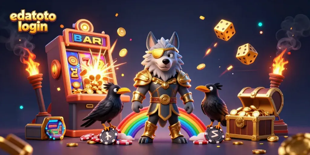 Mengakses edatoto login dengan Odin, dua raven, dan mesin slot dalam ilustrasi kasino yang berwarna-warni.