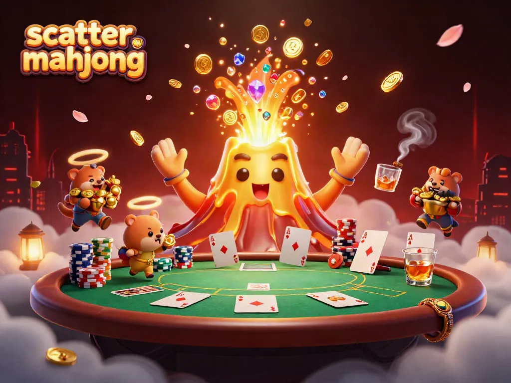 Experience the thrill of scatter mahjong with an erupting volcano of treasures in a vibrant casino scene.