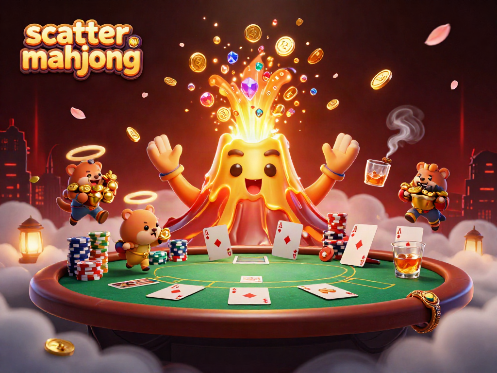 Experience the thrill of scatter mahjong with an erupting volcano of treasures in a vibrant casino scene.